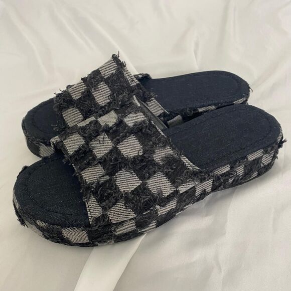 Distressed Dark Denim Checkered Platform Sandal Slides US 7 - Picture 3 of 5